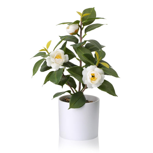 Tuocal Planta artificial en maceta, 28 cm, camelia sintética, verde, plantas artificiales en macetas, pequeñas plantas bonsái para el hogar, oficina, sala de estar, escritorio, decoración, color